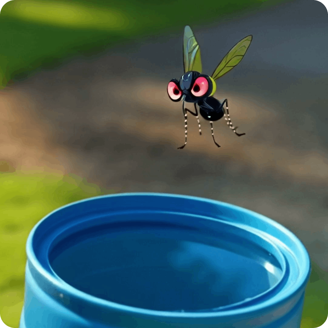 Mosquito hovering over open receptacle of water