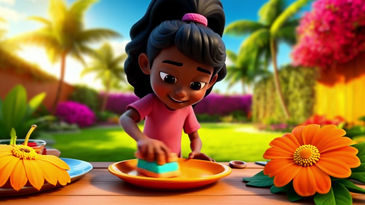 Child srubbing a plant saucer